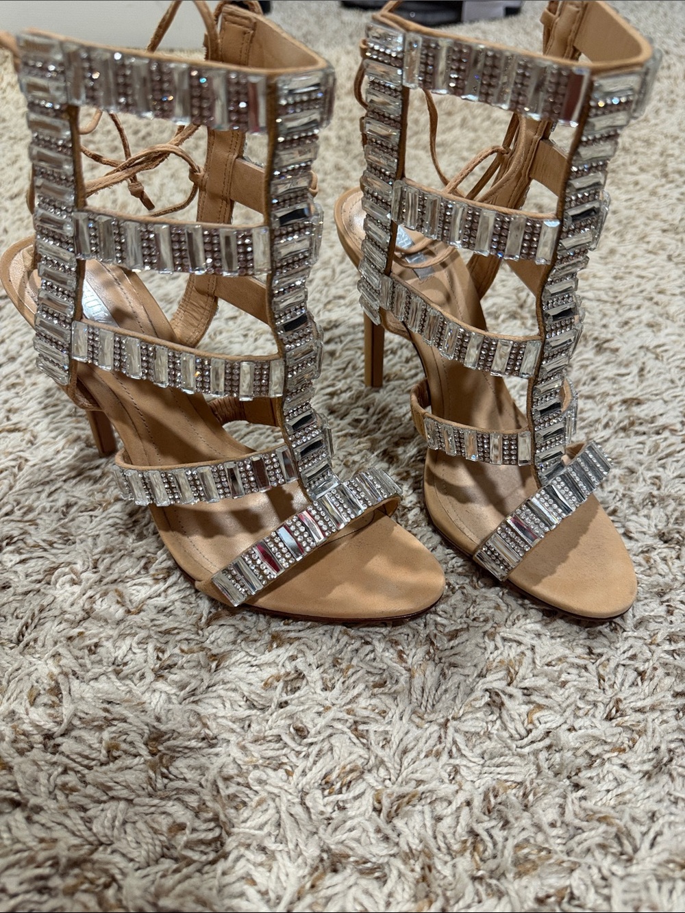 SCHUTZ Tan Crystal-Strap Gladiator Stiletto Sandals